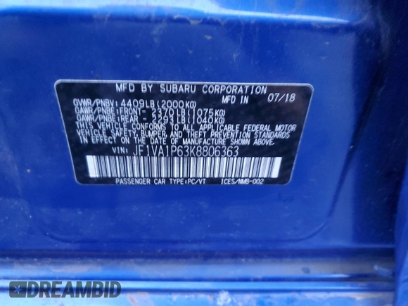 2019 Subaru WRX Limited with VIN JF1VA1P63K8806363, listed as a Copart auction lot 87158604 with 53,603 mi miles and Salvage Title. Bid and sale history available at carsss.com. Image 14.