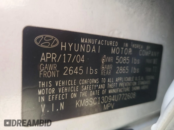 2004 Hyundai Santa Fe GLS with VIN KM8SC13D94U772608, listed as a Copart auction lot 74346204 with 104,646 mi miles and Non Repairable. Bid and sale history available at carsss.com. Image 14.