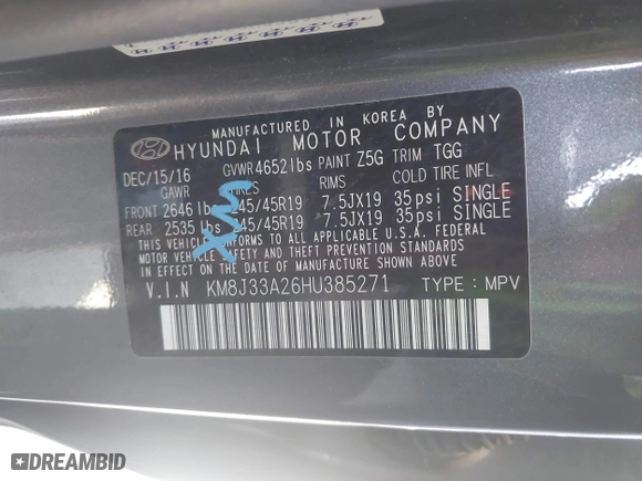 2017 Hyundai Tucson Value with VIN KM8J33A26HU385271, listed as a IAAI auction lot 42090148 with 95,170 mi miles. Bid and sale history available at carsss.com. Image 9.