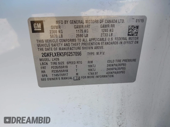 2015 GMC Terrain SLT with VIN 2GKFLXEK5F6257096, listed as a IAAI auction lot 41716048 with 74,858 mi miles and . Bid and sale history available at carsss.com. Image 9.