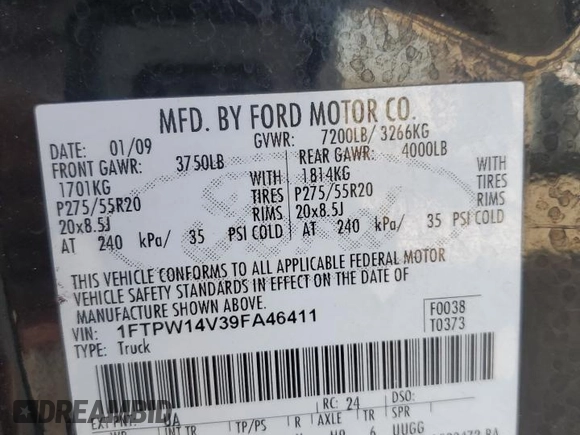 2009 Ford F-150 XL with VIN 1FTPW14V39FA46411, listed as a Copart auction lot 77964244 with 267,792 mi miles and Salvage title. Bid and sale history available at DreamBid. Image 13.