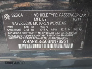 2011 BMW 3 Series 328i xDrive with VIN WBAPK5G50BNN78951, listed as a IAAI auction lot 42444095 with 163,620 mi miles and . Bid and sale history available at DreamBid. Image 9.