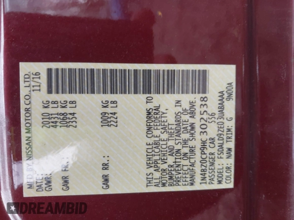 2017 Nissan LEAF SV with VIN 1N4BZ0CP9HC302538, listed as a IAAI auction lot 42079633 with 38,147 mi miles and . Bid and sale history available at DreamBid. Image 9.