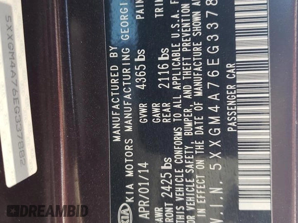 2014 Kia Optima LX with VIN 5XXGM4A76EG337882, listed as a Copart auction lot 53043565 with 98,142 mi miles and Salvage Title. Bid and sale history available at carsss.com. Image 15.