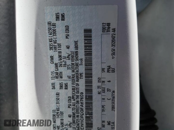 2016 Ford F-150 XL с VIN 1FTEW1CP2GFA67659, выставлен на аукционе Copart как лот 57843805 с пробегом Не указан миль и Списание • Salvage title. История ставок и продаж доступна на DreamBid. Изображение 12.