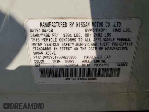 2008 Infiniti G35 x with VIN JNKBV61F88M270905, listed as a Copart auction lot 69541214 with 163,686 mi miles and Salvage Title. Bid and sale history available at DreamBid. Image 14.