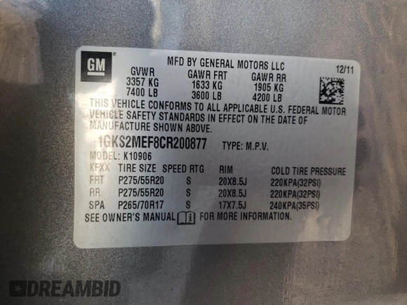 2012 GMC Yukon XL Denali with VIN 1GKS2MEF8CR200877, listed as a Copart auction lot 53282365 with 267,265 mi miles and Salvage Title. Bid and sale history available at carsss.com. Image 13.