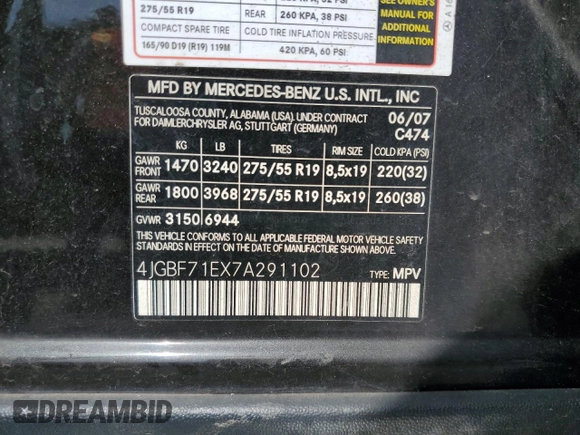 2007 Mercedes-Benz GL-Class with VIN 4JGBF71EX7A291102, listed as a Copart auction lot 68578614 with 140,204 mi miles and Salvage Title. Bid and sale history available at carsss.com. Image 13.