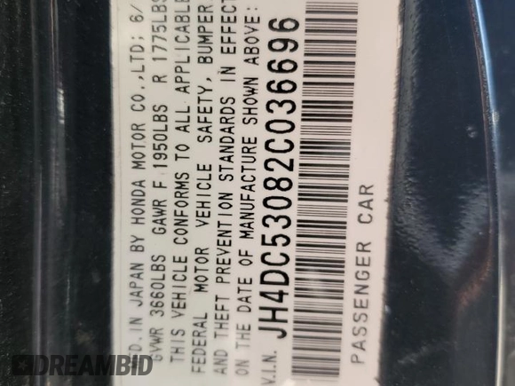 2002 Acura RSX Type S with VIN JH4DC53082C036696, listed as a Copart auction lot 52193175 with 179,773 mi miles and Salvage Title. Bid and sale history available at carsss.com. Image 12.