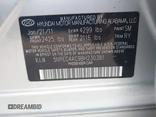 2011 Hyundai Sonata SE with VIN 5NPEC4AC9BH230381, listed as a IAAI auction lot 41781969 with 161,916 mi miles. Bid and sale history available at carsss.com. Image 9.