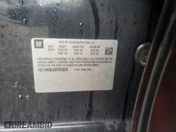 2014 Chevrolet Malibu LTZ with VIN 1G11H5SL8EF259236, listed as a Copart auction lot 51137915 with 218,678 mi miles and Non Repairable. Bid and sale history available at DreamBid. Image 12.