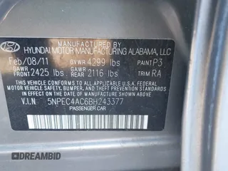2011 Hyundai Sonata Limited with VIN 5NPEC4AC6BH243377, listed as a IAAI auction lot 41256846 with 136,712 mi miles and . Bid and sale history available at carsss.com. Image 9.