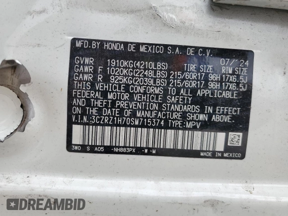 2025 Honda HR-V EX-L z VIN 3CZRZ1H70SM715374, wystawiony jako Copart lot #51235815 z przebiegiem 5196 mil mil oraz Szkody całkowita. Historia ofert i sprzedaży dostępna na DreamBid. Obrazek 13.