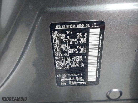 2019 Nissan Armada SL with VIN JN8AY2ND4K9091619, listed as a IAAI auction lot 41410978 with 98,452 mi miles. Bid and sale history available at carsss.com. Image 9.
