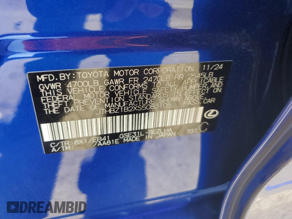 2025 Lexus IS with VIN JTHBZ1B2XS5083105, listed as a Copart auction lot 44640305 with 724 mi miles and Salvage Title. Bid and sale history available at carsss.com. Image 14.