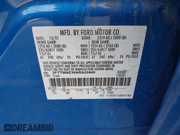 2022 Ford Maverick XL with VIN 3FTTW8E30NRA20849, listed as a IAAI auction lot 41763931 with 110,522 mi miles and . Bid and sale history available at DreamBid. Image 9.