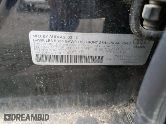 2010 Audi A6 with VIN WAUBVAFB9AN069697, listed as a Copart auction lot 52449595 with 97,110 mi miles and Salvage title. Bid and sale history available at DreamBid. Image 13.