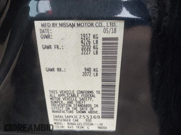 2018 Nissan Altima SR with VIN 1N4AL3APXJC255169, listed as a IAAI auction lot 41996921 with 148,770 mi miles and . Bid and sale history available at DreamBid. Image 9.
