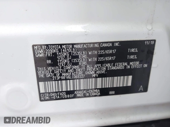 2020 Toyota RAV4 XLE with VIN 2T3P1RFV6LC069327, listed as a IAAI auction lot 41937689 with 52,723 mi miles. Bid and sale history available at carsss.com. Image 9.