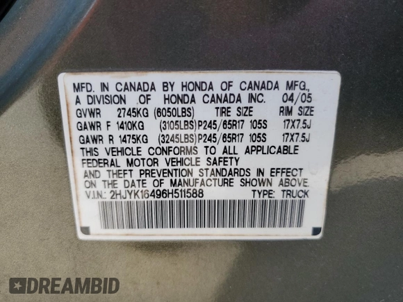 2006 Honda Ridgeline RTS z VIN 2HJYK16496H511588, wystawiony jako Copart lot #58240785 z przebiegiem 197 639 mil mil oraz Szkoda całkowita • Salvage title. Historia ofert i sprzedaży dostępna na DreamBid. Obrazek 12.