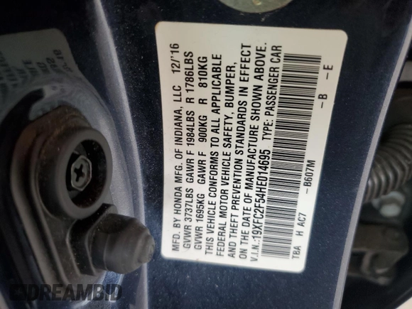 2017 Honda Civic LX z VIN 19XFC2F54HE014695, wystawiony jako Copart lot #57439725 z przebiegiem 88 092 mil mil oraz Szkoda całkowita • Salvage title. Historia ofert i sprzedaży dostępna na DreamBid. Obrazek 12.