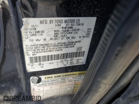 2011 Ford Expedition Limited with VIN 1FMJU1K53BEF29418, listed as a Copart auction lot 47273855 with 147,753 mi miles and Salvage Title. Bid and sale history available at carsss.com. Image 15.