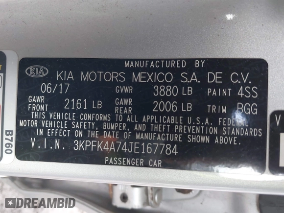 2018 Kia Forte LX with VIN 3KPFK4A74JE167784, listed as a IAAI auction lot 41969966 with 76,521 mi miles. Bid and sale history available at carsss.com. Image 9.