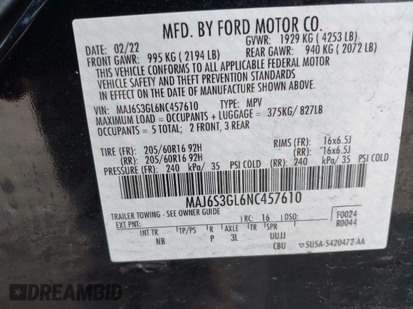 2022 Ford EcoSport SE z VIN MAJ6S3GL6NC457610, wystawiony jako IAAI lot #41951074 z przebiegiem Nie podano mil oraz . Historia ofert i sprzedaży dostępna na DreamBid. Obrazek 9.
