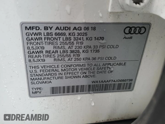 2018 Audi Q7 Premium with VIN WA1AAAF74JD050738, listed as a Copart auction lot 56587355 with 99,051 mi miles and Clean title. Bid and sale history available at DreamBid. Image 13.