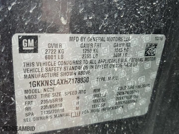2017 GMC Acadia SLE with VIN 1GKKNSLAXHZ178830, listed as a Copart auction lot 50054975 with 190,619 mi miles and Salvage Title. Bid and sale history available at carsss.com. Image 13.