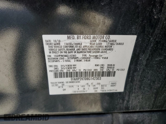 2011 Ford Taurus SHO with VIN 1FAHP2KT0BG142303, listed as a Copart auction lot 48076275 with 217,980 mi miles and Salvage Title. Bid and sale history available at DreamBid. Image 14.
