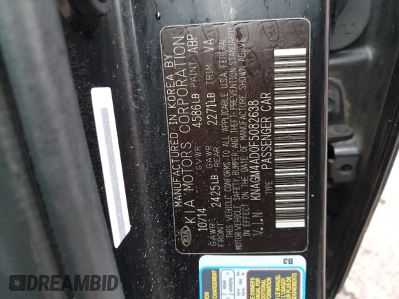 2015 Kia Optima Hybrid with VIN KNAGM4AD0F5082638, listed as a Copart auction lot 72855864 with 0 mi miles and Salvage Title. Bid and sale history available at carsss.com. Image 14.