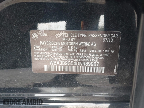 2013 BMW 3 Series 335i xDrive with VIN WBA3B9G54DNR89987, listed as a IAAI auction lot 42159592 with 165,999 mi miles and . Bid and sale history available at DreamBid. Image 9.