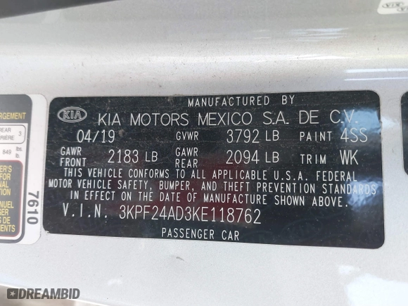 2019 Kia Forte LXS with VIN 3KPF24AD3KE118762, listed as a IAAI auction lot 41823333 with 76,446 mi miles. Bid and sale history available at carsss.com. Image 9.
