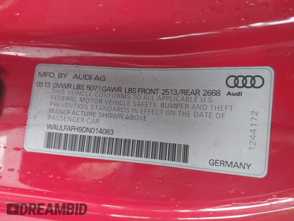 2013 Audi A5 Premium Plus с VIN WAULFAFH9DN014063, выставлен на аукционе IAAI как лот 42009911 с пробегом 102 683 миль миль и . История ставок и продаж доступна на DreamBid. Изображение 9.