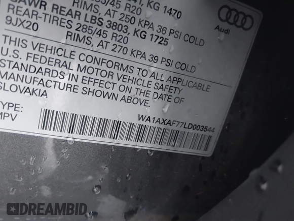 2020 Audi Q7 Premium with VIN WA1AXAF77LD003544, listed as a IAAI auction lot 41819088 with 52,637 mi miles and . Bid and sale history available at DreamBid. Image 9.