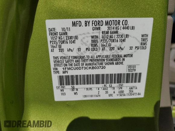2012 Ford Escape XLT with VIN 1FMCU0D73CKB03720, listed as a Copart auction lot 49906865 with 236,158 mi miles and Salvage title. Bid and sale history available at DreamBid. Image 15.