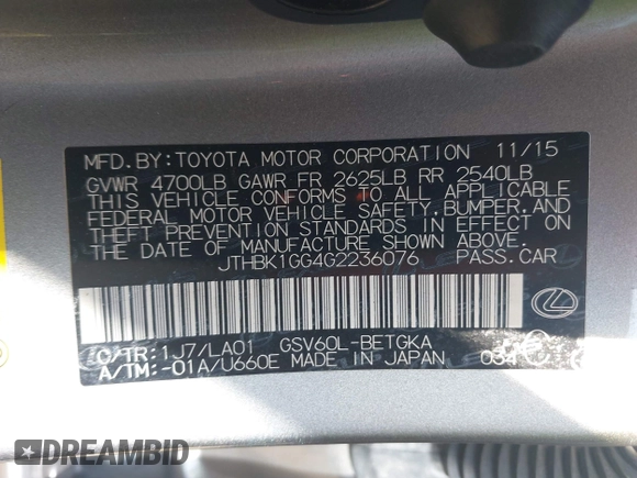 2016 Lexus ES 330 z VIN JTHBK1GG4G2236076, wystawiony jako IAAI lot #42124873 z przebiegiem 118 102 mil mil oraz . Historia ofert i sprzedaży dostępna na DreamBid. Obrazek 9.