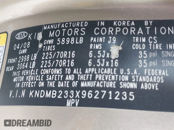 2009 Kia Sedona LX with VIN KNDMB233X96271235, listed as a IAAI auction lot 41681472 with 108,278 mi miles. Bid and sale history available at carsss.com. Image 9.