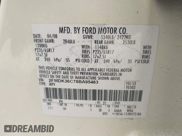 2008 Ford Edge SE with VIN 2FMDK36C78BA95483, listed as a IAAI auction lot 42001287 with 208,464 mi miles. Bid and sale history available at carsss.com. Image 9.