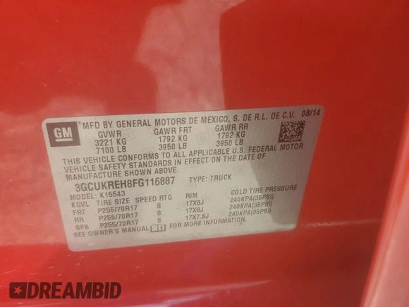 2015 Chevrolet Silverado 1500 LT with VIN 3GCUKREH8FG116887, listed as a Copart auction lot 54676424 with 112,097 mi miles and Salvage Title. Bid and sale history available at DreamBid. Image 12.