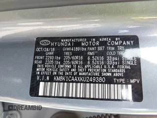 2019 Hyundai Kona SE with VIN KM8K1CAAXKU249380, listed as a IAAI auction lot 42092163 with 71,212 mi miles. Bid and sale history available at carsss.com. Image 9.