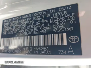 2014 Toyota Prius One with VIN JTDKDTB31E1566854, listed as a IAAI auction lot 41887601 with 232,066 mi miles and . Bid and sale history available at DreamBid. Image 9.