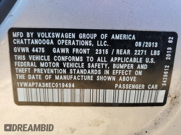 2014 Volkswagen Passat S w/Nav with VIN 1VWAP7A36EC019494, listed as a Copart auction lot 41654365 with 95,322 mi miles and Salvage Title. Bid and sale history available at carsss.com. Image 13.