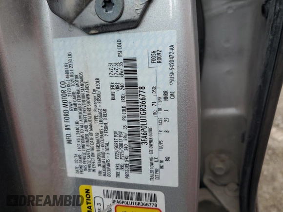 2016 Ford Fusion SE Hybrid with VIN 3FA6P0LU1GR366778, listed as a Copart auction lot 61280135 with 89,585 mi miles and Salvage title. Bid and sale history available at DreamBid. Image 12.