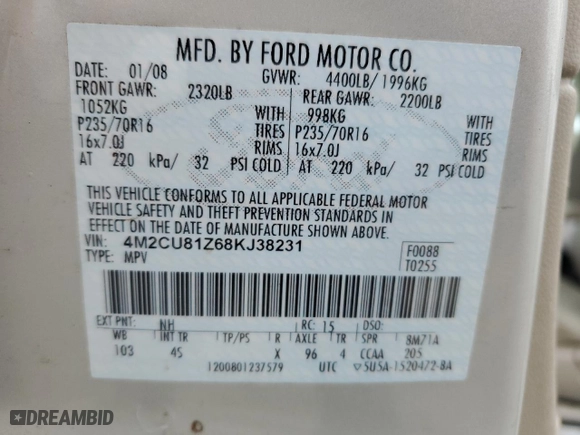 2008 Mercury Mariner with VIN 4M2CU81Z68KJ38231, listed as a Copart auction lot 72882484 with 160,703 mi miles and Salvage Title. Bid and sale history available at carsss.com. Image 15.