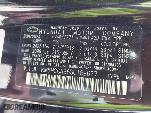 2025 Hyundai Kona SEL Convenience with VIN KM8HCCAB6SU189627, listed as a IAAI auction lot 41836762 with 994 mi miles and . Bid and sale history available at DreamBid. Image 9.