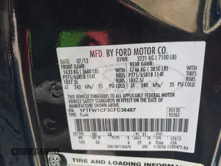 2012 Ford F-150 XL with VIN 1FTFW1CF3CFC38487, listed as a IAAI auction lot 41876290 with 152,508 mi miles. Bid and sale history available at carsss.com. Image 9.