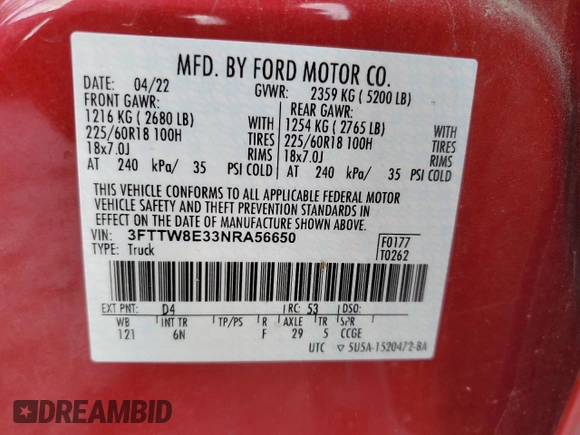 2022 Ford Maverick XL z VIN 3FTTW8E33NRA56650, wystawiony jako Copart lot #57335285 z przebiegiem 51 687 mil mil oraz Szkoda całkowita • Salvage title. Historia ofert i sprzedaży dostępna na DreamBid. Obrazek 13.