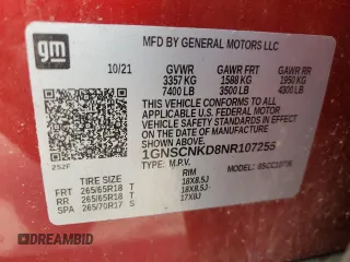 2022 Chevrolet Tahoe LT z VIN 1GNSCNKD8NR107255, wystawiony jako Copart lot #49085035 z przebiegiem Nie podano mil oraz Szkoda całkowita • Salvage title. Historia ofert i sprzedaży dostępna na DreamBid. Obrazek 13.